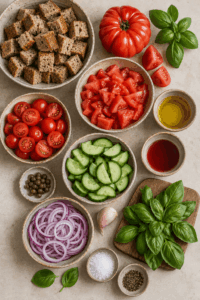 Alle Zutaten für italienischen Brotsalat Panzanella auf einen Blick
