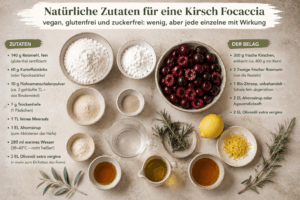 Alle Zutaten für vegane Kirsch-Focaccia auf einen Blick