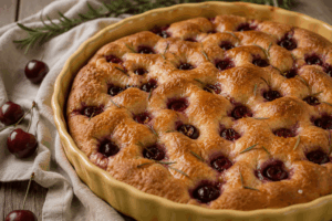 Kirsch-Focaccia frisch aus dem Ofen mit Kirschen im Teig