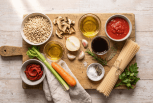 Pasta mit veganem Sonnenblumenhack-Ragù