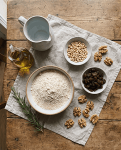 Alle Zutaten für veganen Castagnaccio auf einen Blick: Kastanienmehl, Rosinen, Pinienkerne, Walnüsse und Rosmarin