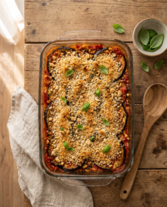 Vegane Parmigiana di Melanzane in der Auflaufform von oben, mit Basilikum