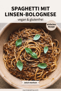Pinterest-Pin: cremige Spaghetti mit veganer Linsen-Bolognese, glutenfrei