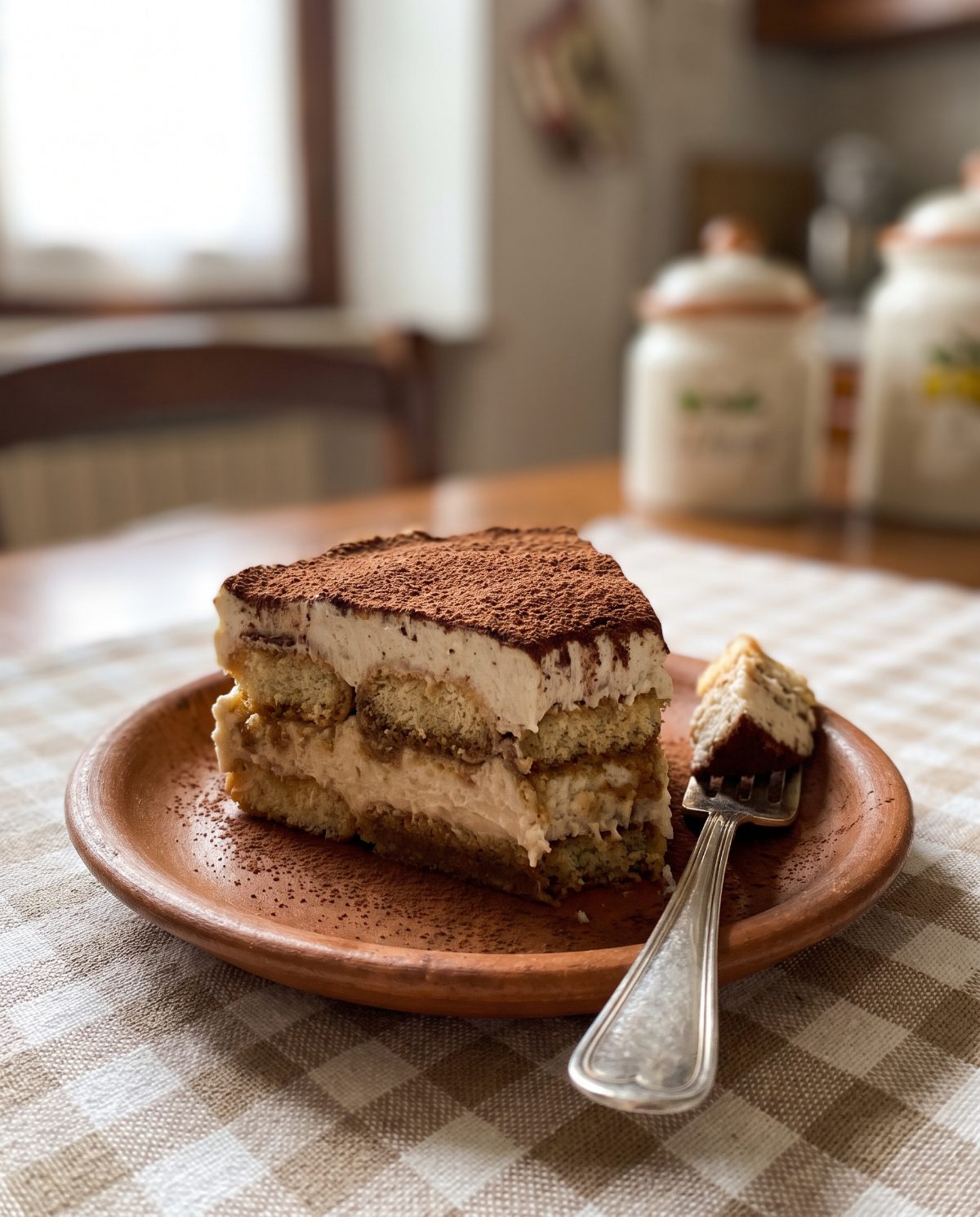 Angeschnittenes einfaches Rezept für veganes glutenfreies Tiramisu mit sichtbaren Schichten aus Löffelbiskuit und Creme