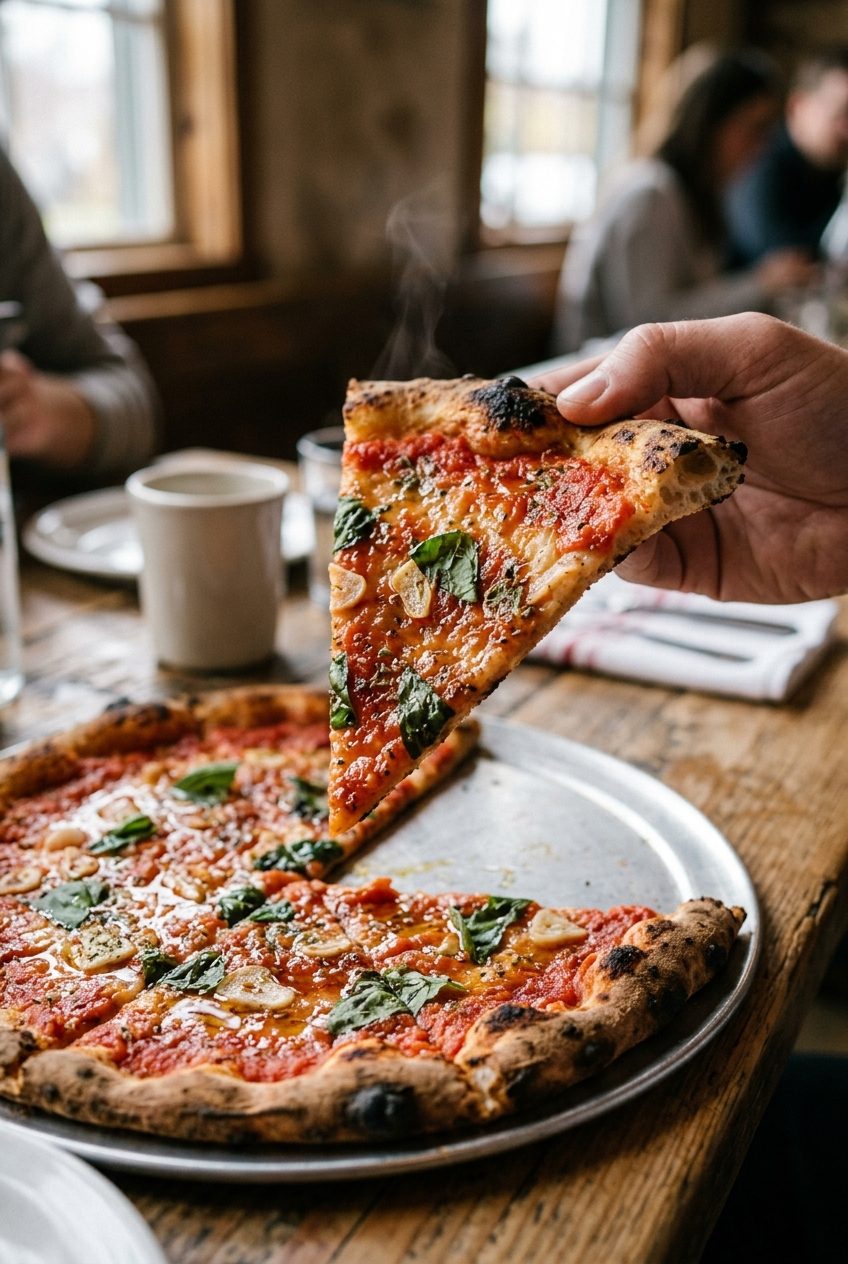 einfaches Rezept — angeschnittenes Stück Pizza Marinara wird hochgehoben