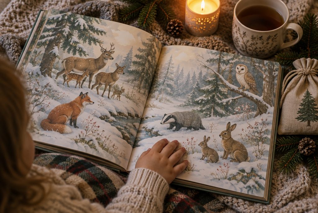 Aufgeschlagenes Bilderbuch mit Aquarell-Illustrationen eines verschneiten Waldes mit Rehen, Fuchs, Dachs und Hasen, daneben eine Kerze