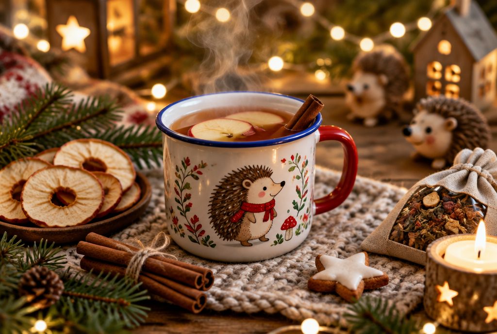 Bunte Kindertasse mit Igel-Motiv und warmem Apfel-Zimt-Tee, daneben Apfelringe, Zimtstangen und ein Sternkeks