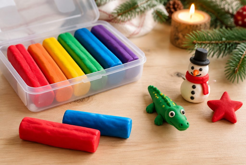 Bunte Knetstangen in einer Box mit kleinen selbstgekneteten Figuren wie Krokodil und Schneemann
