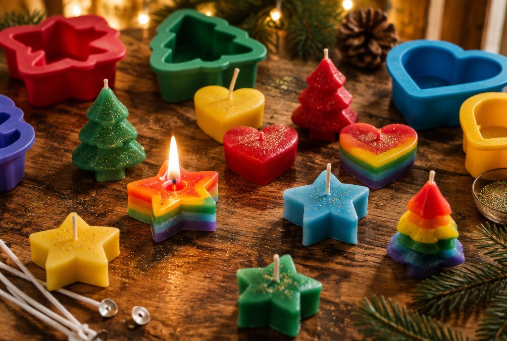 Bunte selbstgegossene Kerzen in Stern-, Tannenbaum- und Herzform, teils mit Regenbogenstreifen, neben Silikonformen