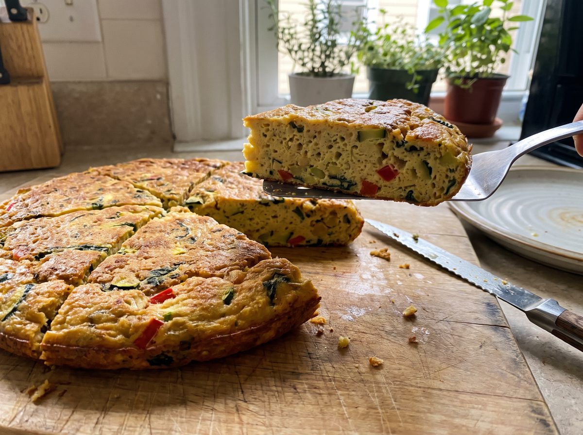 einfaches Rezept — Detailaufnahme von angeschnittener veganer Frittata mit sichtbarem Gemüse und lockerer Textur
