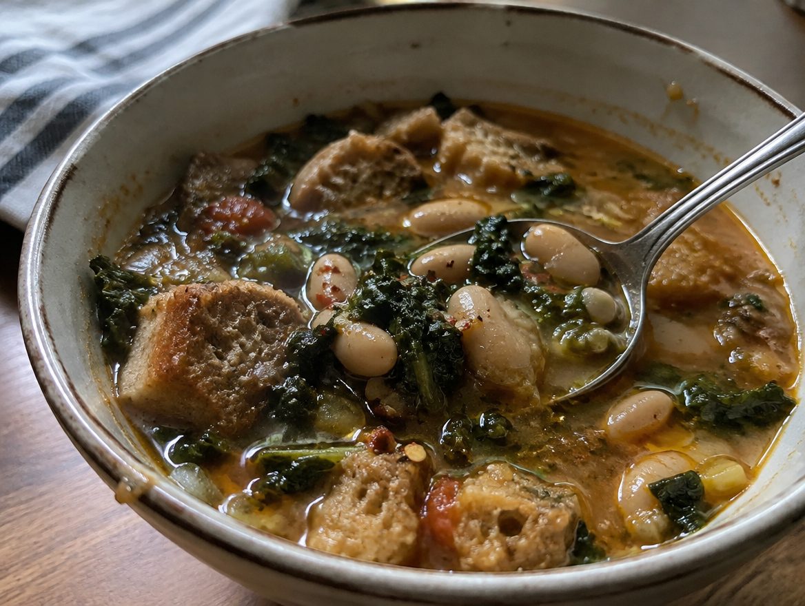 einfaches Rezept — Detailaufnahme von Ribollita mit Olivenöl beträufelt, Bohnen und Kohl sichtbar