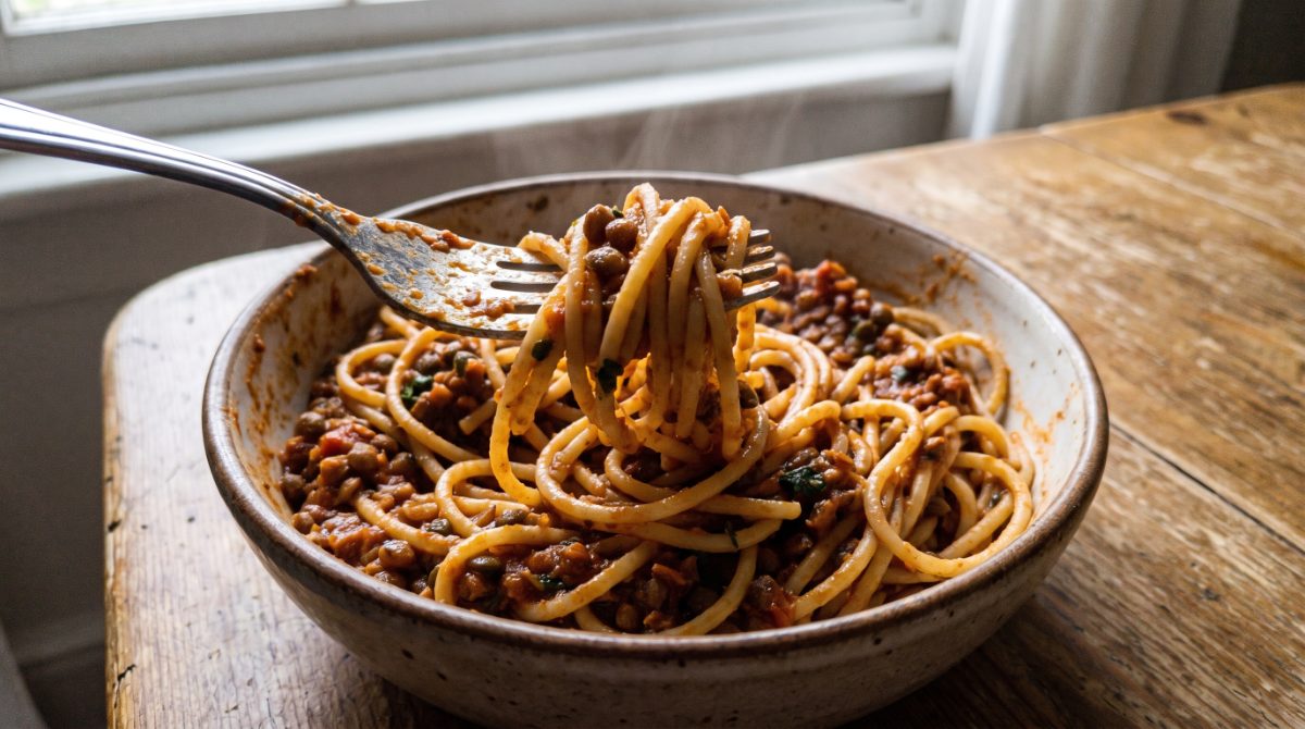 einfaches Rezept — Detailaufnahme von Spaghetti mit veganer glutenfreier Linsen-Bolognese auf der Gabel