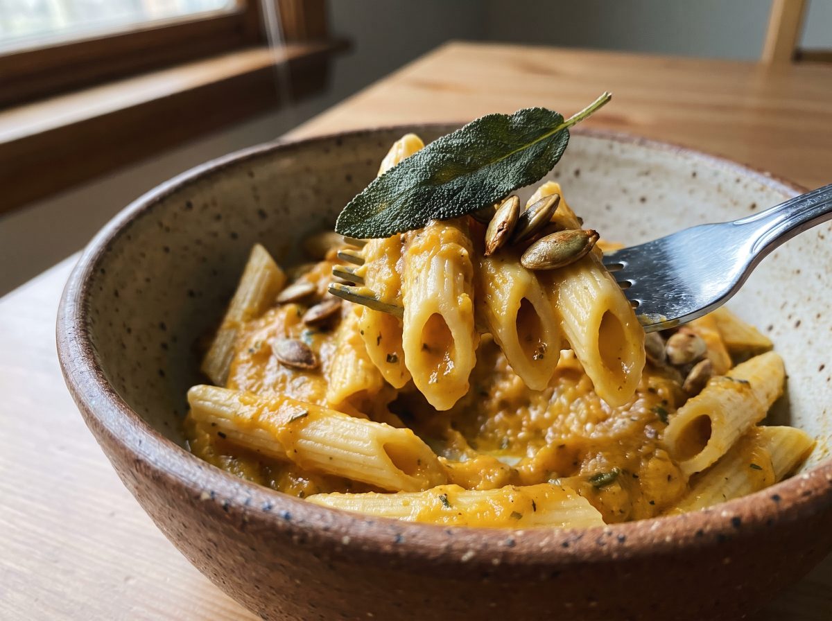 einfaches Rezept — Detailaufnahme von veganer glutenfreier Pasta mit Kürbissauce auf der Gabel