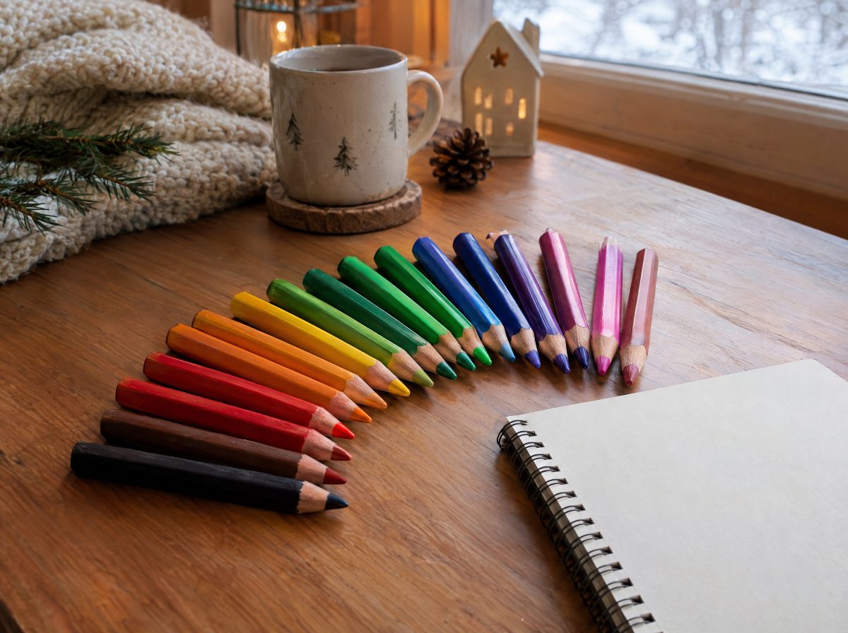 Dicke Buntstifte in vielen Farben, fächerförmig auf einem Tisch angeordnet