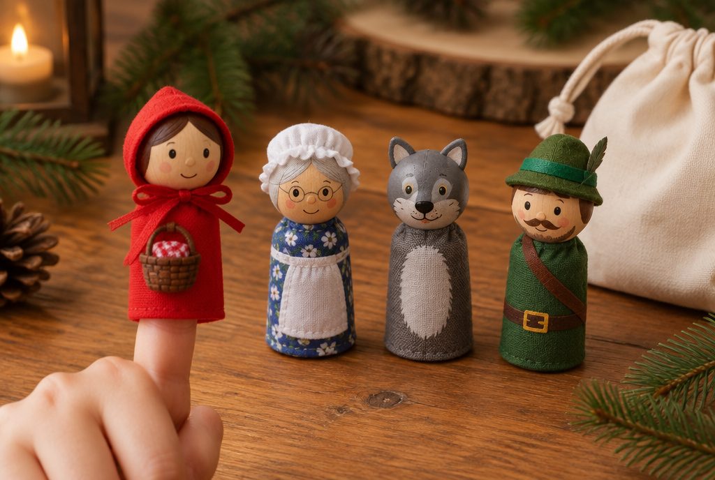 Fingerpuppen zum Märchen Rotkäppchen mit bemalten Holzköpfen und Stoffkörpern: Rotkäppchen, Großmutter, Wolf und Jäger