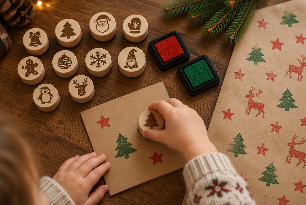 Kleine runde Holzstempel mit Weihnachtsmotiven, Kinderhände stempeln eine Weihnachtskarte, daneben rote und grüne Stempelkissen
