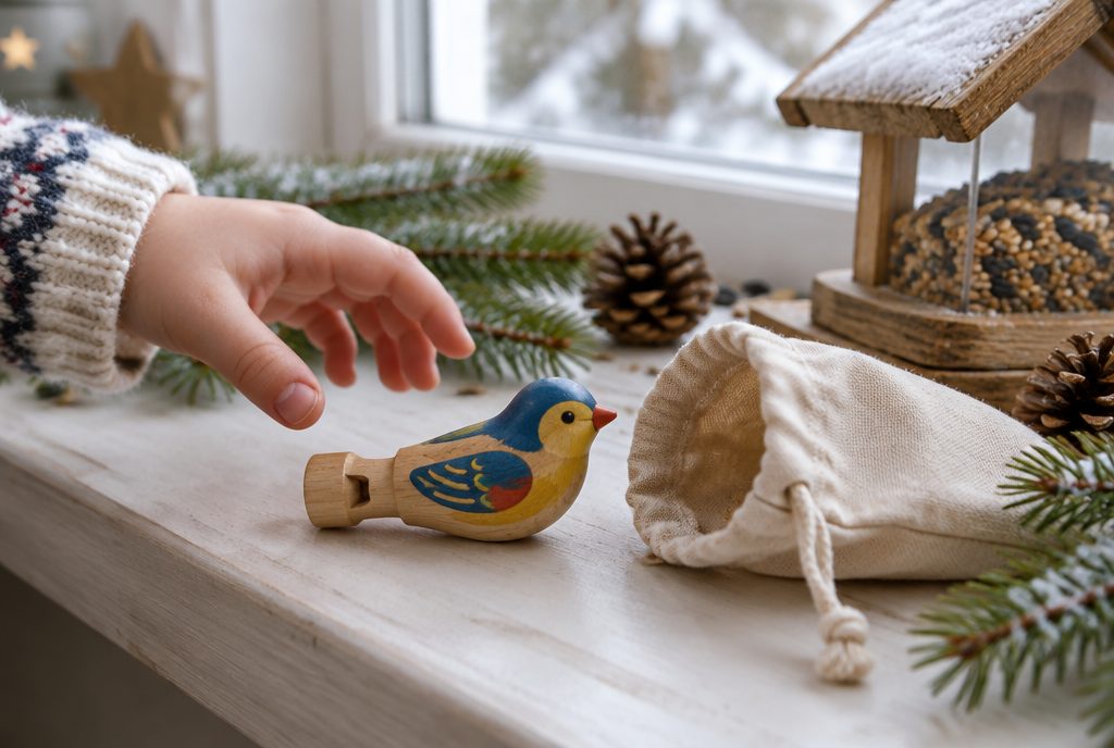 Kleine Vogelpfeife aus Holz mit bemaltem Vogel neben einem Adventssäckchen, im Hintergrund ein winterliches Fensterbrett