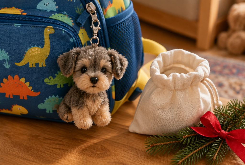 Kleiner Plüsch-Anhänger in Form eines Terrier-Welpen an einem bunten Kindergartenrucksack