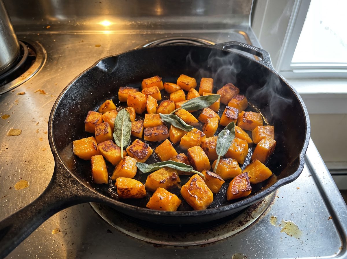 Kürbiswürfel rösten und karamellisieren in der Pfanne für die vegane Pastasauce