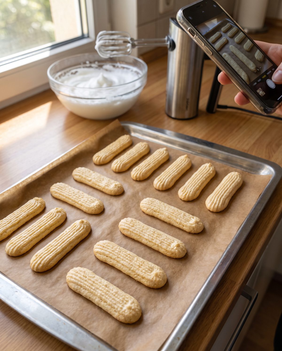 Löffelbiskuit für ein einfaches Rezept für veganes glutenfreies Tiramisu werden auf dem Blech gebacken