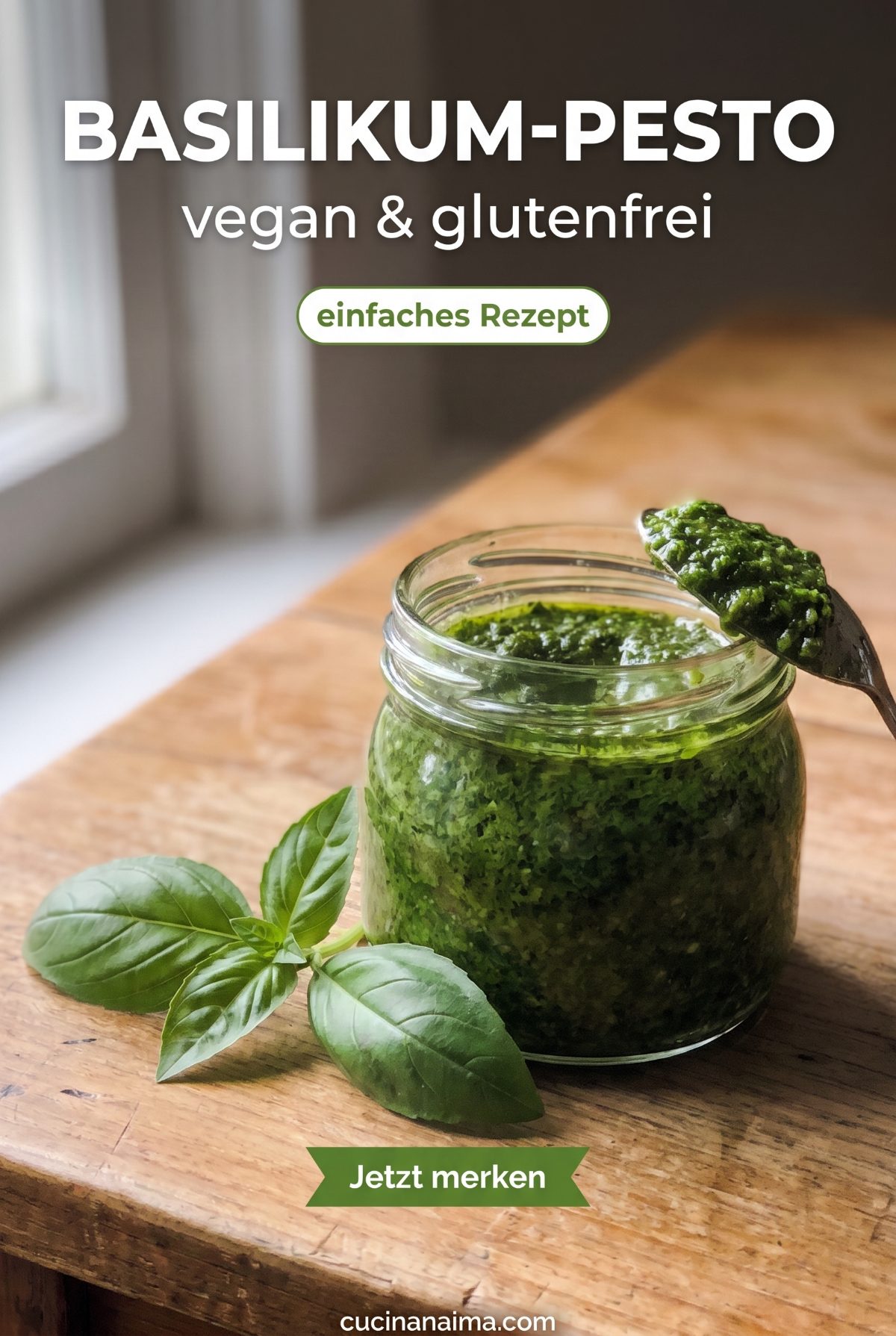 einfaches Rezept — Pinterest Pin für veganes glutenfreies Basilikum-Pesto