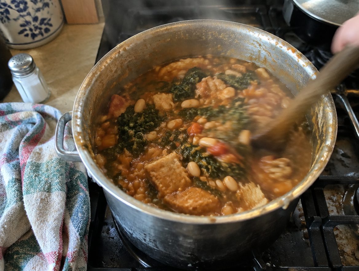 Ribollita köchelt im Topf, Cavolo Nero und Bohnen werden eingerührt