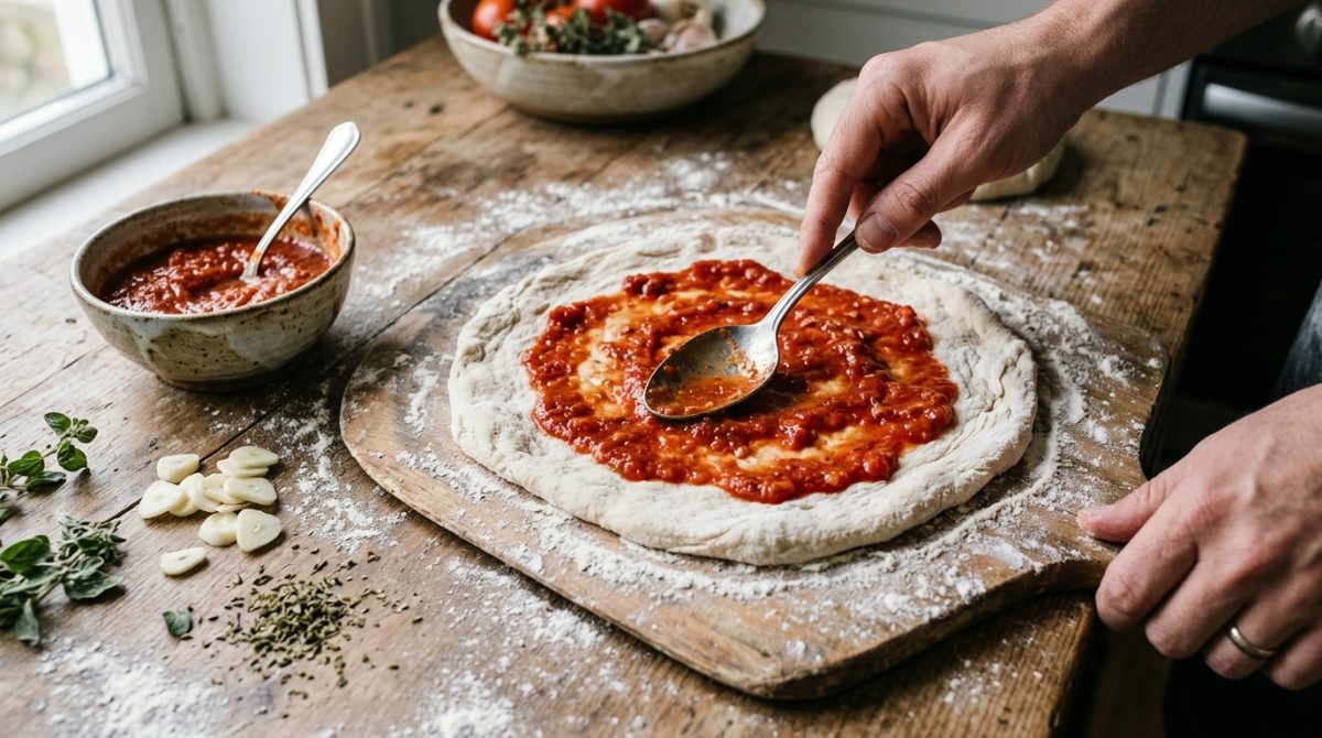 Tomatensauce wird hauchdünn auf den glutenfreien Pizzateig gestrichen