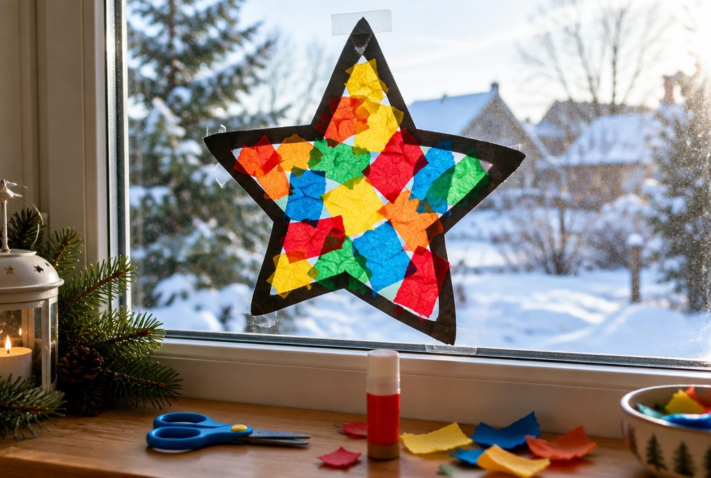 Von einem Kind ausgeschnittener Stern aus schwarzem Tonpapier mit buntem Transparentpapier, am Fenster leuchtend
