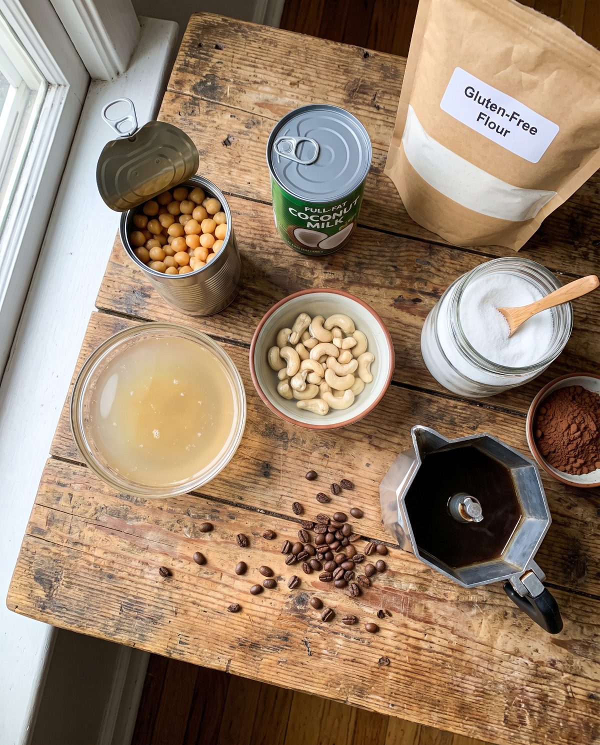 Zutaten für ein einfaches Rezept für veganes glutenfreies Tiramisu: Kichererbsenwasser, Cashewkerne, Kokosmilch, Kaffee, Kakaopulver