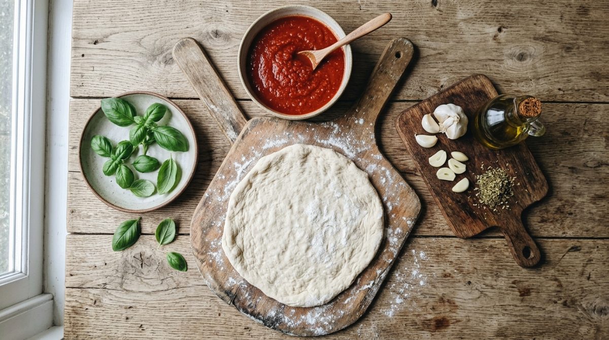 einfaches Rezept — Zutaten für Pizza Marinara: Tomatensauce, Knoblauch, Oregano und Pizzateig