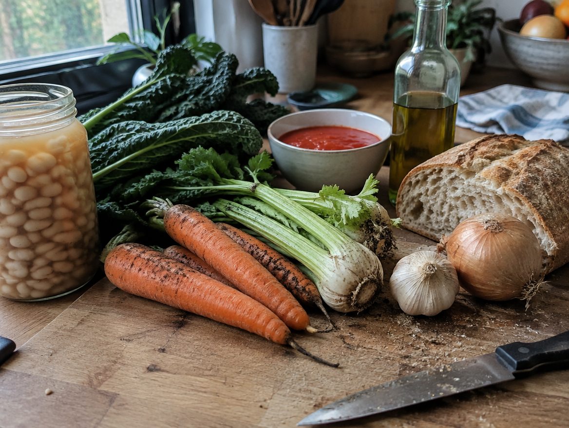 einfaches Rezept — Zutaten für Ribollita: weiße Bohnen, Cavolo Nero, Karotten, Sellerie, Tomaten, glutenfreies Brot