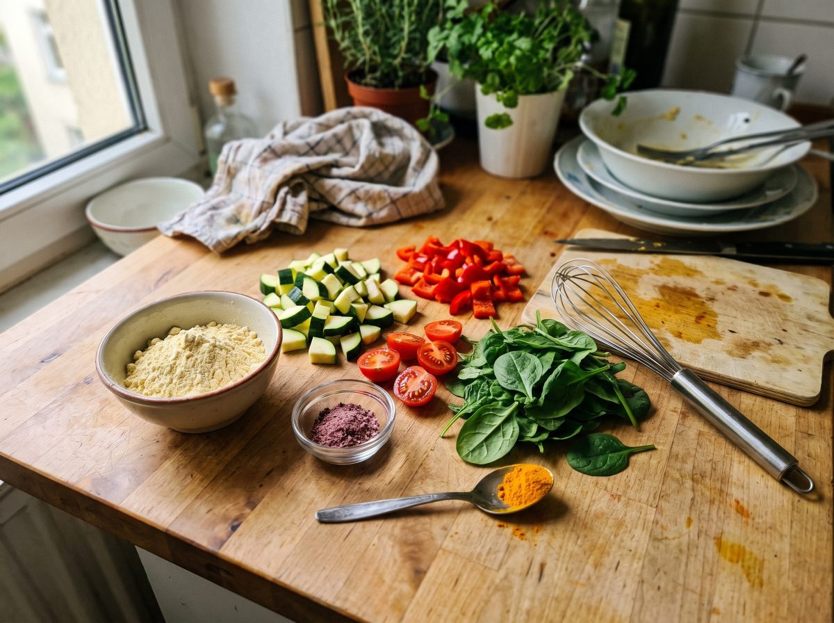 einfaches Rezept — Zutaten für vegane glutenfreie Frittata: Kichererbsenmehl, Zucchini, Paprika, Kirschtomaten, Kala Namak, Kurkuma