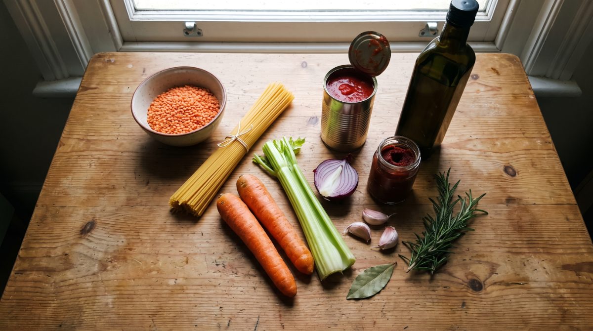 einfaches Rezept — Zutaten für vegane glutenfreie Linsen-Bolognese: rote Linsen, glutenfreie Spaghetti, Karotte, Sellerie, Tomaten