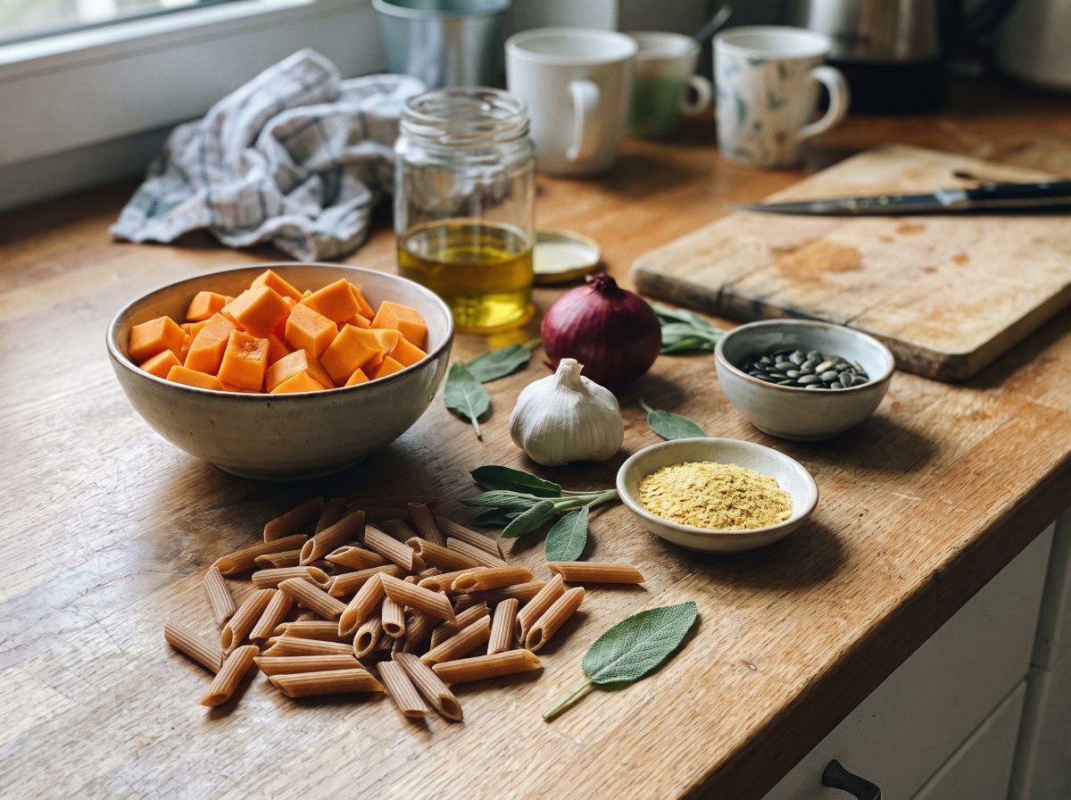einfaches Rezept — Zutaten für vegane glutenfreie Pasta mit Kürbissauce: Hokkaido-Kürbis, glutenfreie Penne, Salbei, Knoblauch