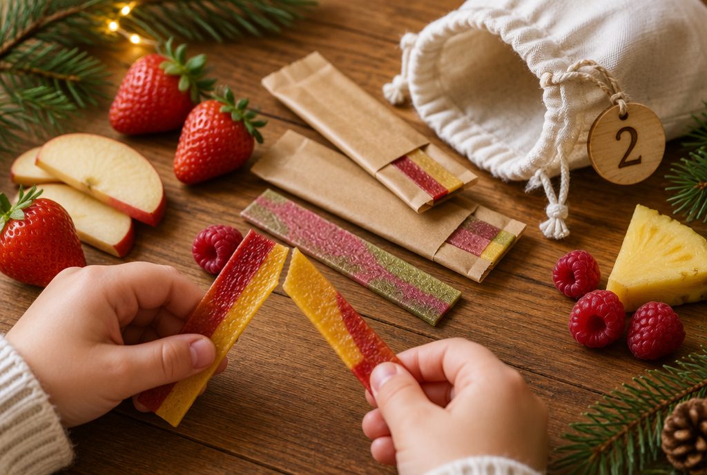 Zweifarbige Fruchtstreifen, einer wird von Kinderhand in zwei Hälften geteilt, daneben frisches Obst und ein Adventssäckchen
